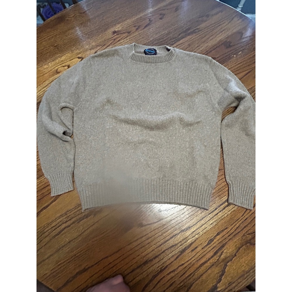 Vintage Jantzen Mens Large Tan Oatmeal Crewneck Ribbed Knit Sweater Made in USA
